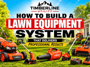 Complete residential lawn equipment system featuring a self-propelled mower, string trimmer, blower, edger, and lawn maintenance tools organized for professional-quality property care.