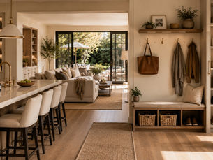 Warm organized home interior with cohesive storage, open movement flow, natural lighting, and refined daily-use systems designed to reduce environmental friction.