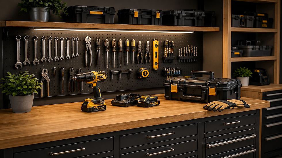 Organized workshop featuring a dedicated cordless drill system, charging station, tool storage case, and neatly arranged hand tools on a pegboard wall.