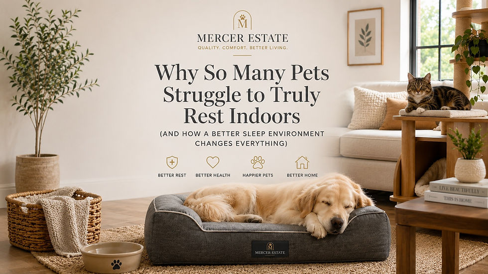 Golden retriever resting comfortably on a supportive dog bed in a bright modern living room with a calm cat lounging nearby, illustrating a thoughtfully designed indoor pet sleep environment.