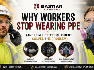 Professional industrial workers wearing comfortable high-quality PPE including safety glasses, hard hats, gloves, hearing protection, and high-visibility workwear on an active jobsite.