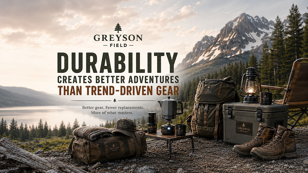Wide hero image showing a durable lakeside camp setup with canvas tent, organized outdoor gear, campfire, off-road vehicle, and snow-covered mountain backdrop at golden hour.