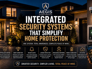 Modern residential home with integrated smart security systems, layered lighting, surveillance, and centralized monitoring at dusk