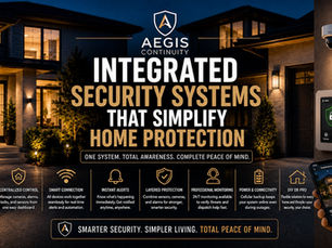 Modern residential home with integrated smart security systems, layered lighting, surveillance, and centralized monitoring at dusk