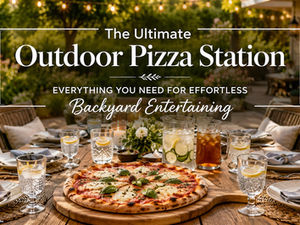 A welcoming backyard patio featuring a beautiful outdoor dining table with a freshly baked artisan pizza, a pizza station in the background, and warm string lights creating the perfect setting for outdoor entertaining.