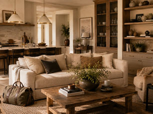 Warm editorial interior with carefully curated furnishings, layered natural materials, open shelving, and intentional styling designed to represent refined and cohesive living.