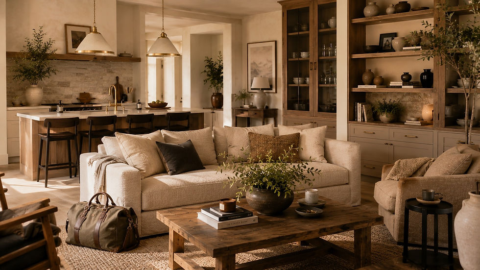 Warm editorial interior with carefully curated furnishings, layered natural materials, open shelving, and intentional styling designed to represent refined and cohesive living.