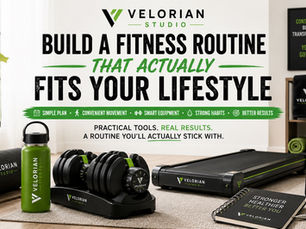 Bright, organized home workout space featuring a planner, adjustable dumbbells, exercise mat, water bottle, and compact fitness equipment representing a sustainable home fitness routine.