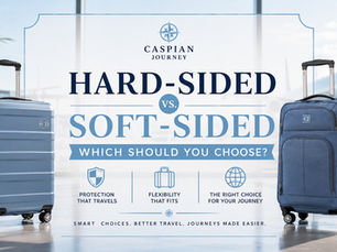 Caspian Journey branded hard-sided and soft-sided spinner suitcases displayed side by side in a bright modern airport setting, illustrating the differences between the two luggage styles for travelers choosing the right suitcase.