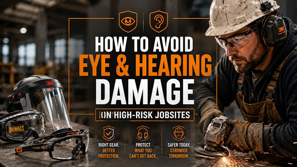 Industrial worker wearing ANSI safety glasses and hearing protection while using jobsite equipment, demonstrating proper eye and hearing PPE for high-risk work environments.