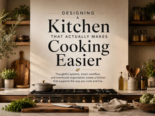 Warm modern kitchen with thoughtful workflow layout, organized prep surfaces, layered natural textures, and a calm functional cooking environment.