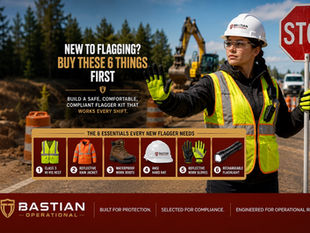 Professional flagger wearing a Class 3 reflective vest, hard hat, gloves, and waterproof workwear while directing traffic on a bright active roadway jobsite.