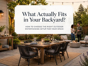 A warm backyard patio with an outdoor dining table, serving console, lounge chairs, string lights, and two people enjoying a realistic outdoor entertaining space.