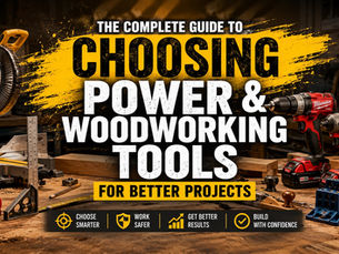 Professional collection of premium power tools and woodworking tools arranged on a clean workbench, representing the essential equipment for building better DIY and woodworking projects.