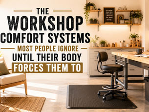 Bright ergonomic workshop featuring anti-fatigue mats, supportive seating, and comfort-focused infrastructure designed for long-term productivity.