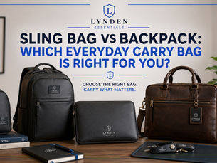 A premium leather sling bag, commuter backpack, leather briefcase, and laptop sleeve arranged in a refined workspace, illustrating how to choose the right everyday carry bag for work, commuting, and travel.