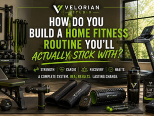 Bright, modern home fitness space featuring strength equipment, cardio tools, recovery gear, hydration products, and subtle Velorian branding, representing a complete home fitness system designed for long-term consistency.