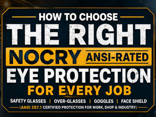 Industrial workshop with multiple work environments including woodworking, grinding, warehouse operations, and laboratory settings, illustrating the importance of choosing the correct ANSI-rated eye protection for different workplace hazards without showing specific safety products.