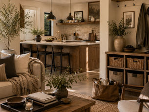 Warm organized interior with approachable storage systems, layered natural materials, soft daylight, and calm realistic living spaces designed to support sustainable routines.