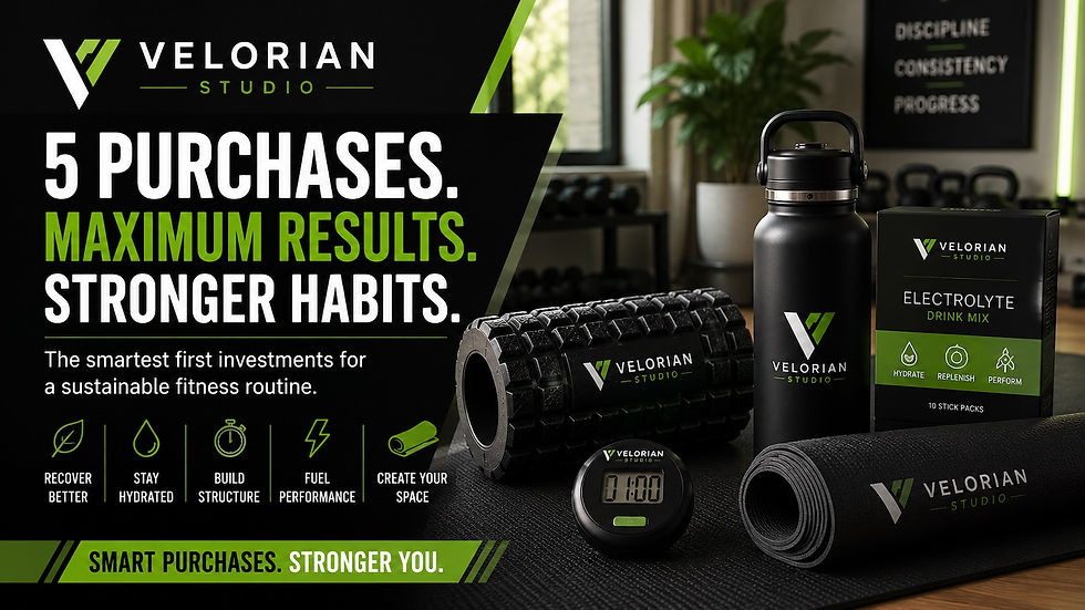 Velorian Studio–branded foam roller, hydration bottle, electrolyte mix, interval timer, and exercise mat arranged in a modern home fitness space to represent five habit-building starter purchases.