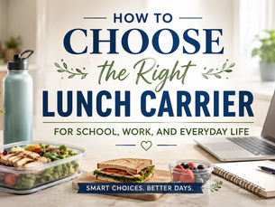 Bright, modern workspace with a healthy packed lunch, notebook, reusable water bottle, and fresh ingredients arranged on a clean table, representing choosing the right lunch carrier for school, work, and everyday life without showing any lunch bags.