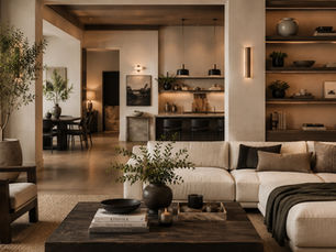 Refined neutral-toned interior with architectural furniture, layered natural materials, soft lighting, and cohesive styling designed to represent intentional long-term living.