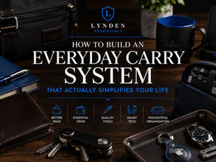 A refined everyday carry system featuring a premium leather wallet, organized keys, quality notebook, pen, commuter bag, and thoughtfully arranged daily accessories on a clean wooden desk, illustrating intentional ownership and elevated daily organization.