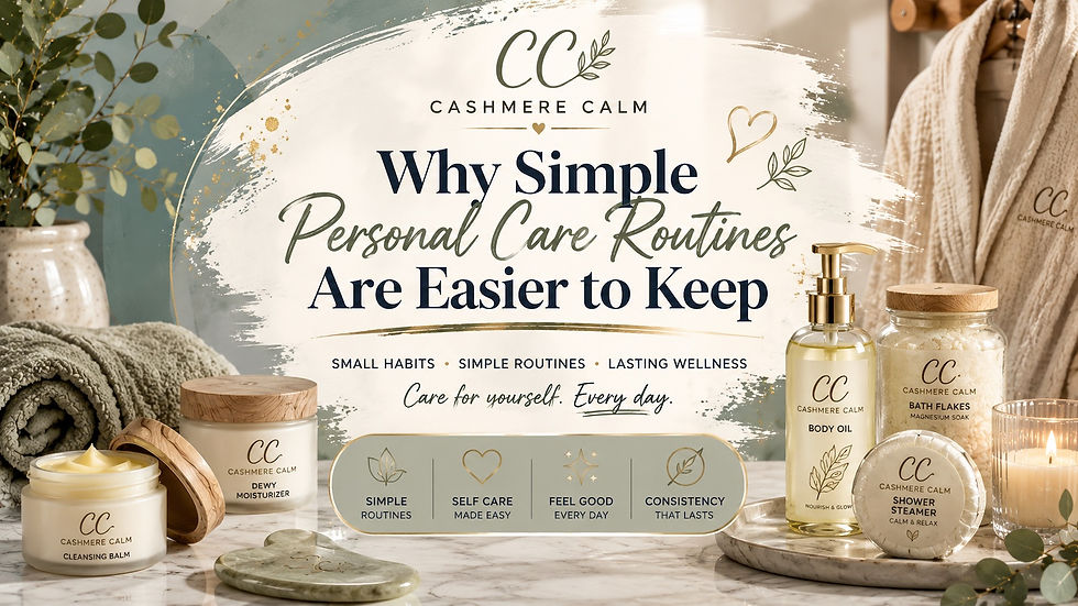 Elegant spa-inspired personal care scene featuring a neatly arranged skincare routine with cleansing balm, moisturizer, body oil, folded luxury towels, a plush robe, bath products, and soft natural lighting, illustrating how simple personal care routines can feel calming, sustainable, and easy to maintain.