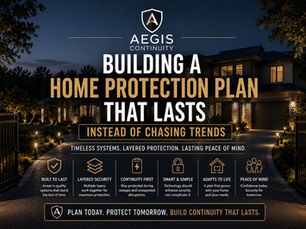 Modern residential property with timeless layered security systems, warm perimeter lighting, and integrated surveillance at dusk