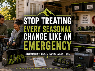 Homeowner preparing seasonal equipment, backup power systems, batteries, and outdoor maintenance tools before changing weather conditions.