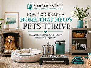 Beautiful pet-friendly home with comfortable sleep areas, organized feeding station, hidden pet storage, grooming supplies, and enrichment spaces showing thoughtful design systems that help pets thrive.