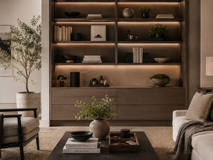 Warm architectural interior with organized shelving, layered neutral materials, soft lighting, and structured living elements designed to create a calm and intentional environment.