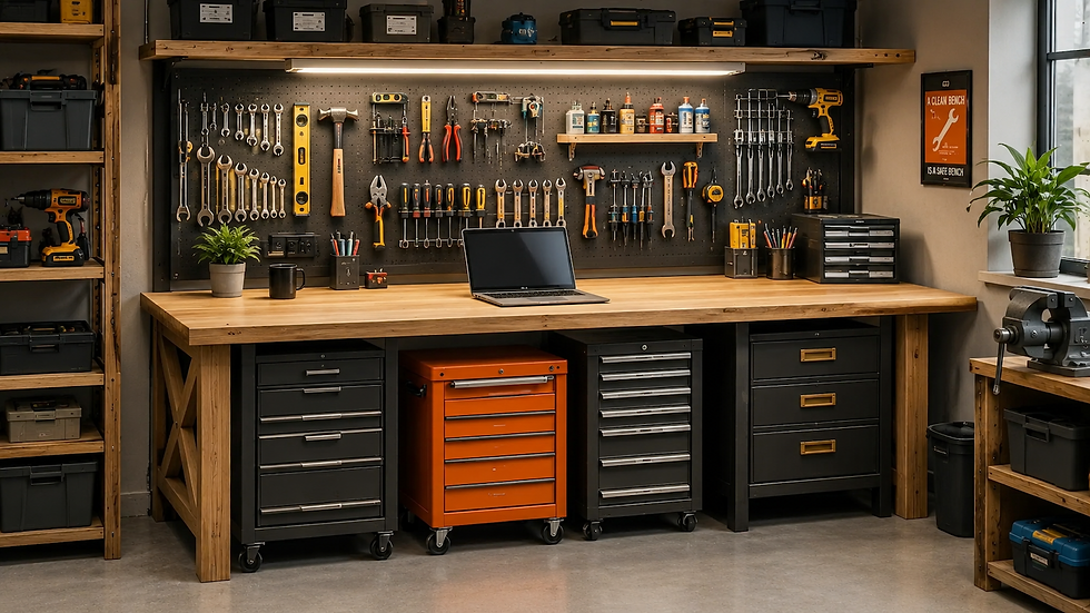 Well-organized workshop with a cordless drill system, dedicated tool storage, charging station, and clean workbench demonstrating a streamlined tool organization system.