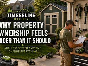 Organized suburban property with well-maintained lawn, outdoor storage, battery-powered equipment, and homeowner preparing seasonal property maintenance systems.