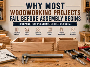 Modern woodworking assembly bench with precision clamps, clean joinery preparation, and organized woodworking tools in warm natural lighting.