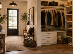 Warm organized home interior with approachable storage, natural materials, layered lighting, and realistic sustainable living systems designed for everyday life.