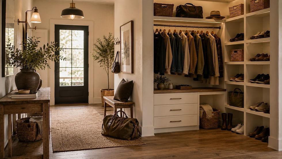 Warm organized home interior with approachable storage, natural materials, layered lighting, and realistic sustainable living systems designed for everyday life.