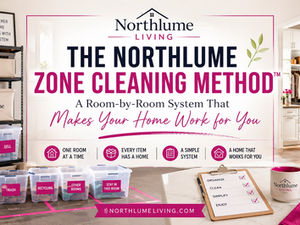 Bright organized home featuring a clean Home Staging Area, clearly defined organization zones, and calm, functional living spaces illustrating the Northlume Zone Cleaning Method™ for whole-home organization.