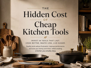Warm elevated kitchen with durable cookware, wooden utensils, natural light, and thoughtfully selected kitchen tools arranged in a calm cooking environment.