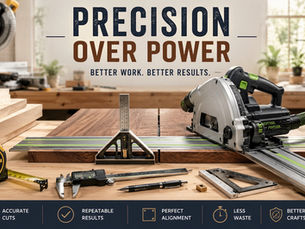 Modern woodworking workshop featuring precision measuring tools, clean lumber alignment, and refined cutting systems in warm natural lighting.