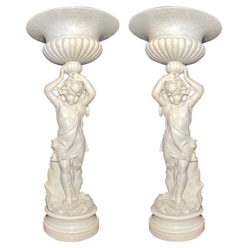 Pair Carved Carrara Marble Bird Baths w/ Classic Designed Figures