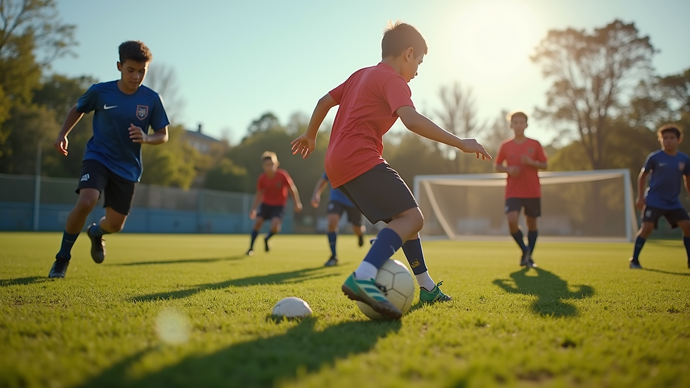 Eye-level view of young athletes practicing football drills