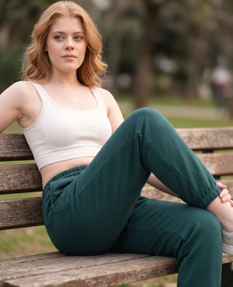 Kadın koyu yeşil pamuklu jogger eşofman - bankta otururken lifestyle çekim