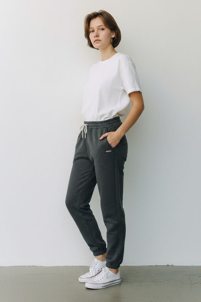 Kadın koyu gri jogger eşofman - tam boy model duruşu