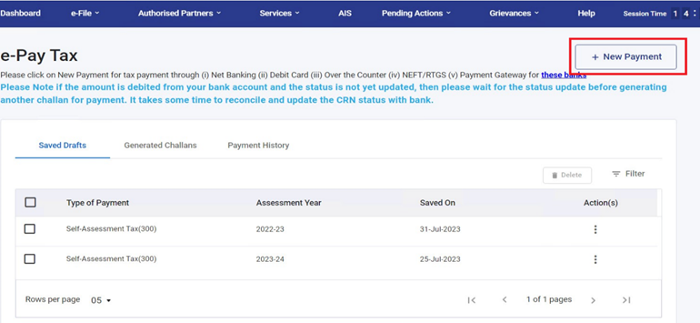 On the ‘e-Pay Tax’ page, select the ‘New Payment’