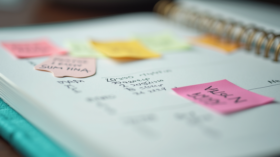 Close-up view of a planner with colorful notes and stickers