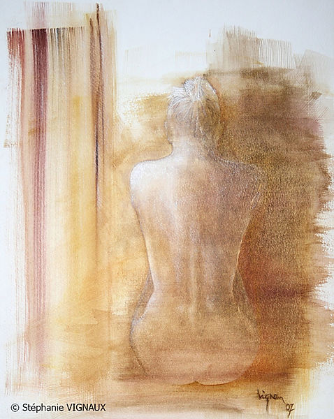 Une conscience très lointaine de ce fait. Technique mixte : aquarelle craie pastel. Peinture de femme nue. Art figuratif. Tableau couleurs ocre jaune brun orange marron blanc. Stéphanie Vignaux, artiste peintre, à Tarbes. Hautes-Pyrénées. Occitanie. France