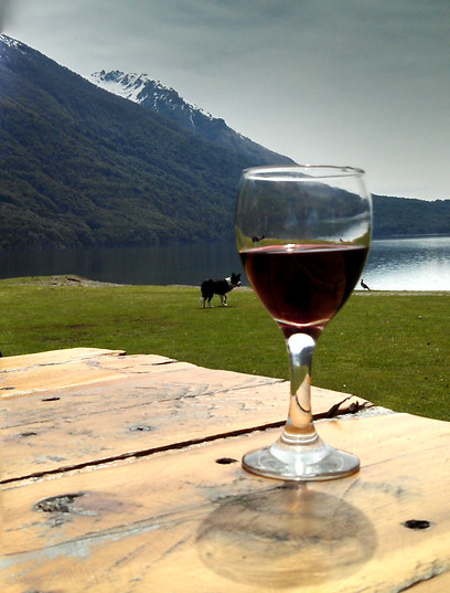 Taça de vinho com amigos na beira do Lago Gutierrez.
