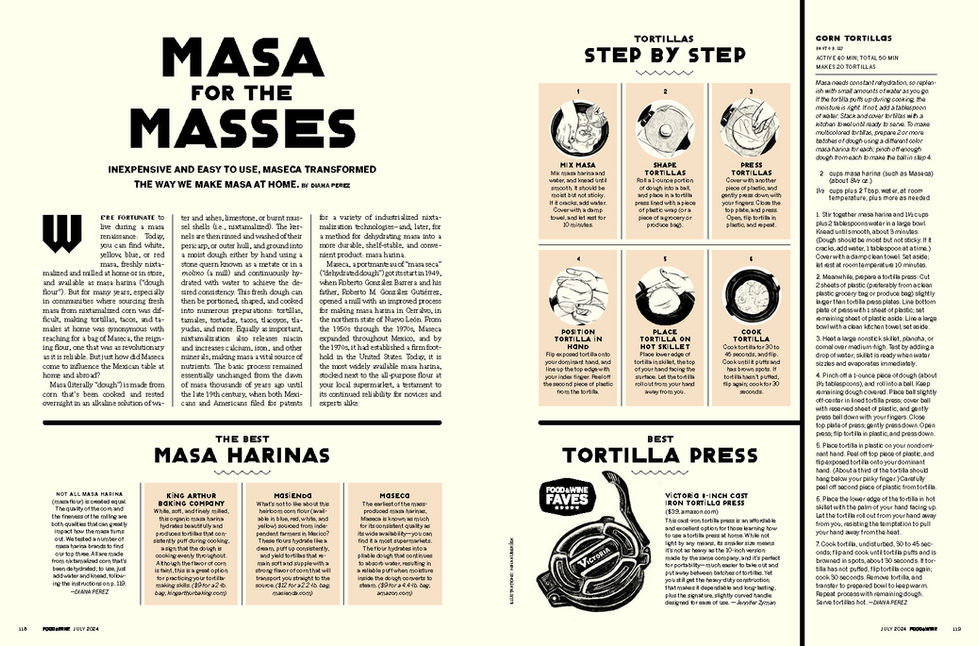 Magazine spread featuring the article "Masa for the Masses," tortilla-making illustrations, recommendations for masa harina brands, and a tortilla press buying guide.