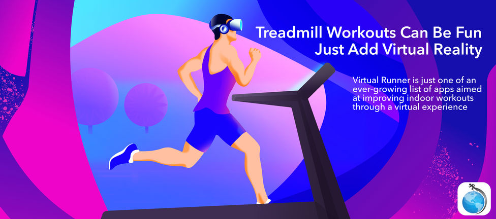Illustration of a person running on a treadmill while wearing a VR headset, surrounded by colorful abstract shapes and gradients